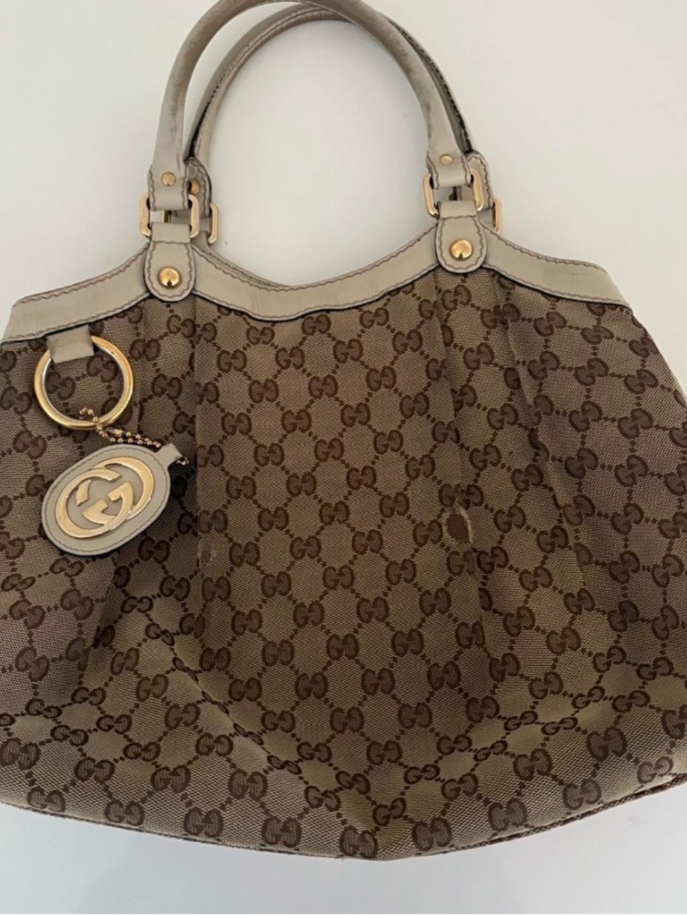 Authentic Gucci Brown GG Supreme Canvas Tote with Beige Leather Trim